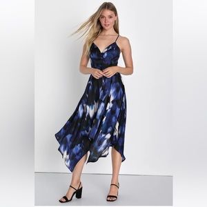 Lulus Charismatic Aura Blue Abstract Handkerchief Hem Midi Dress